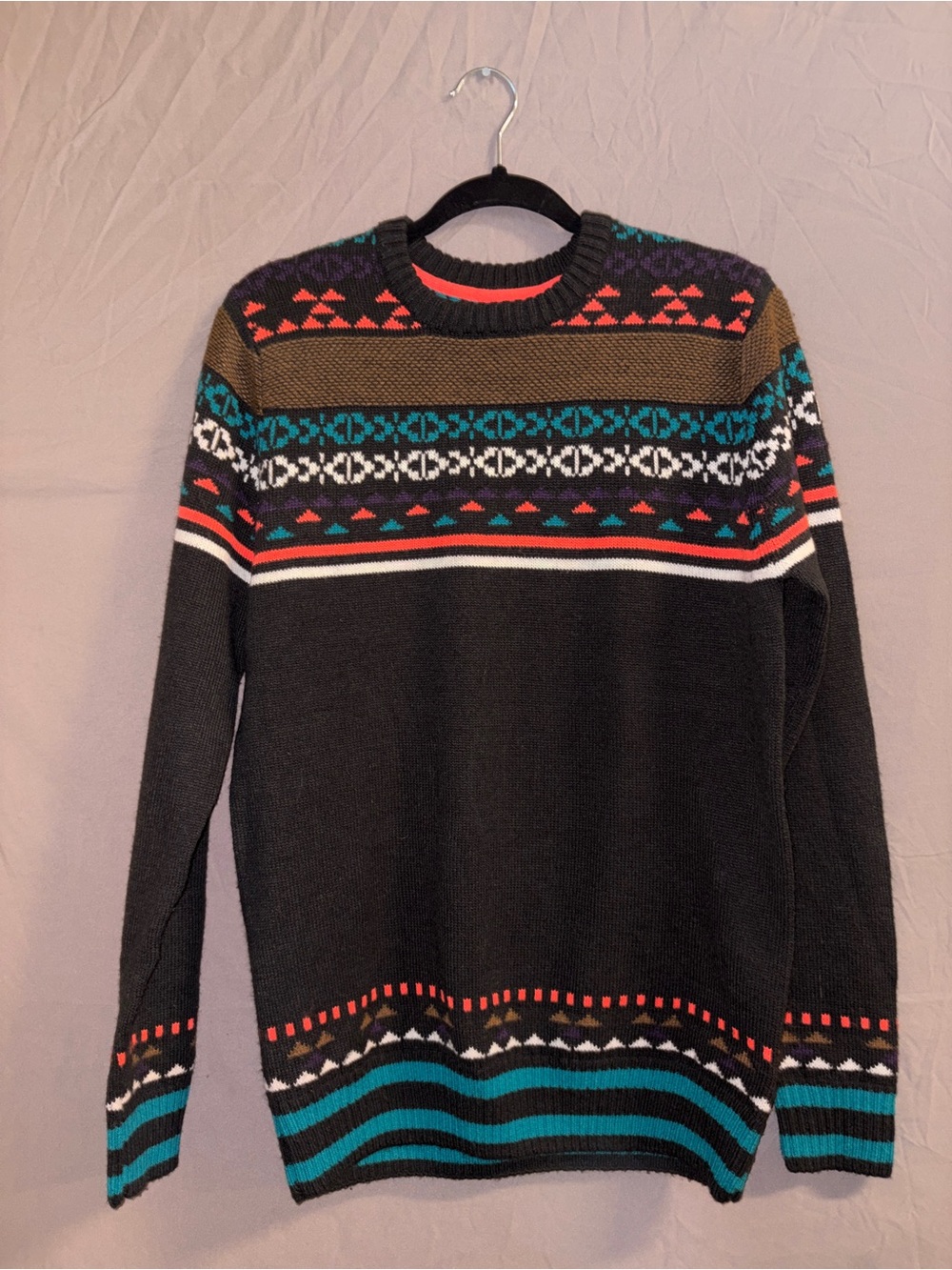 Divided Black Crewneck Sweater with Multicolor Fair Isle Yoke